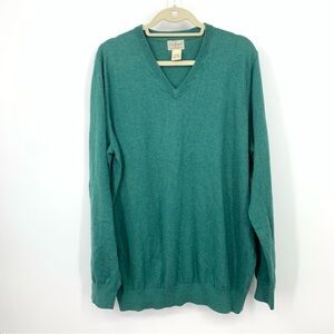 LL Bean Men Size XL TALL Sweater Green V‎ Neck Pullover Top Cotton Cashmere Knit